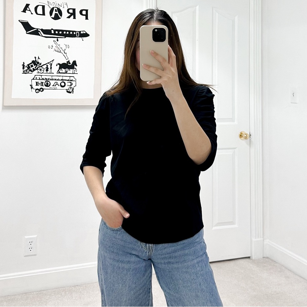 Veronica Beard Waldorf Ruched Sleeve Tee in Black